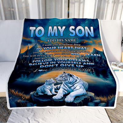 Personalized To My Son Gifts From Mom Dad Mother Father Blanket Don't Give Up White Tiger Gifts For Son Birthday Graduation Christmas Custom Fleece Blanket | teecentury