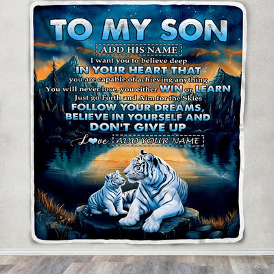 Personalized To My Son Gifts From Mom Dad Mother Father Blanket Don't Give Up White Tiger Gifts For Son Birthday Graduation Christmas Custom Fleece Blanket | teecentury