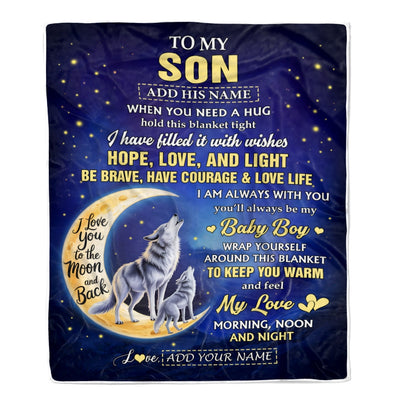 Personalized To My Son Gifts From Mom Dad Mother Father Blanket I Love You Moon And Back Wolf Son Birthday Gifts Christmas Graduation Custom Fleece Blanket | teecentury