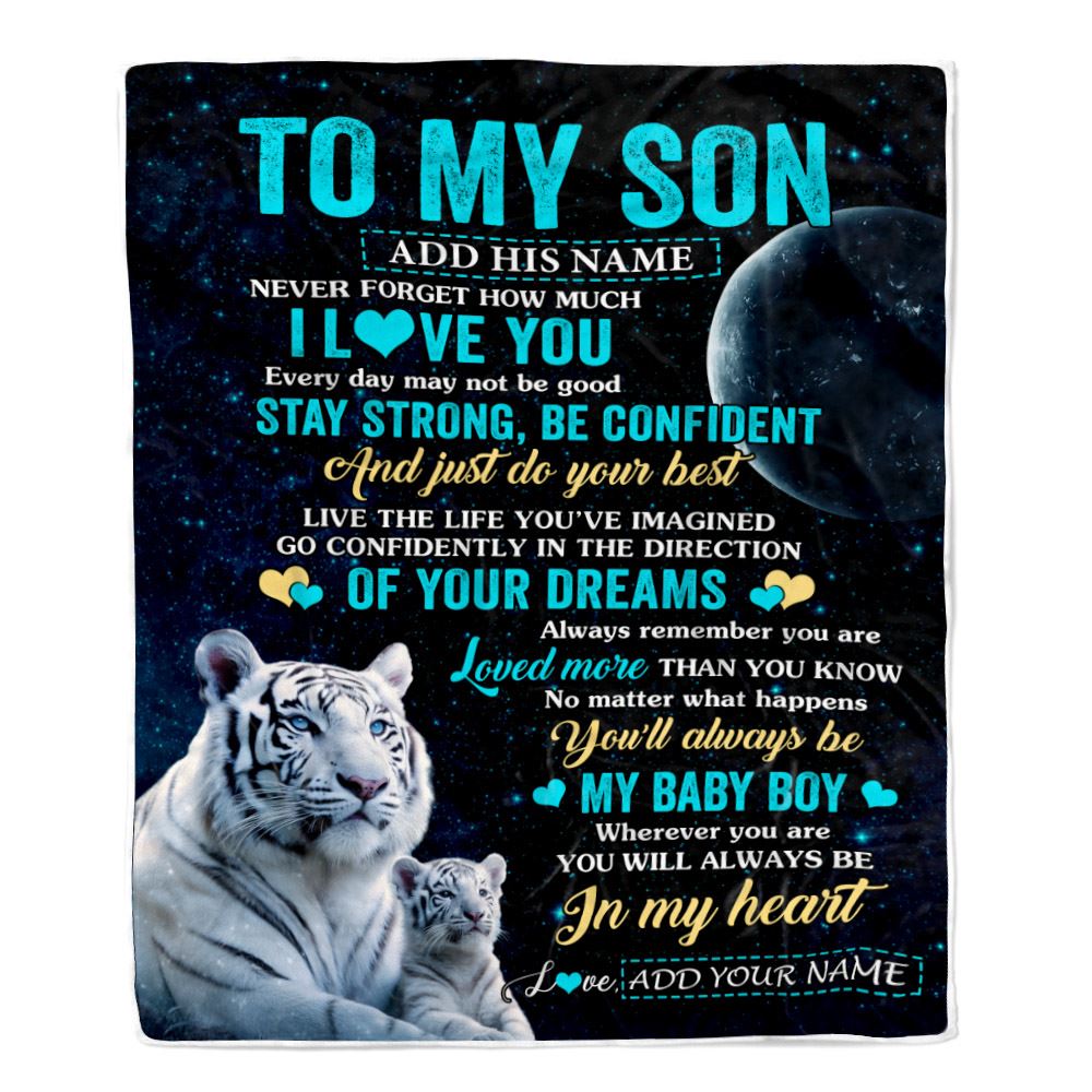 Personalized To My Son Gifts From Mom Dad Mother Father Blanket White Tiger Never Forget How Much I Love You Son Birthday Graduation Christmas Fleece Blanket | teecentury