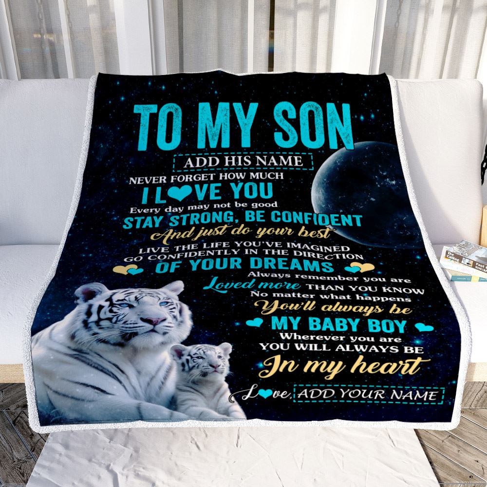 Personalized To My Son Gifts From Mom Dad Mother Father Blanket White Tiger Never Forget How Much I Love You Son Birthday Graduation Christmas Fleece Blanket | teecentury
