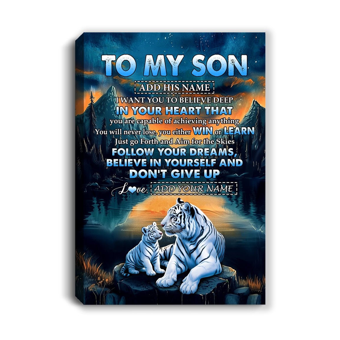 Personalized To My Son Gifts From Mom Dad Mother Father Canvas Don't Give Up White Tiger Gifts For Son Birthday Graduation Christmas Custom Wall Art Framed Canvas | teecentury