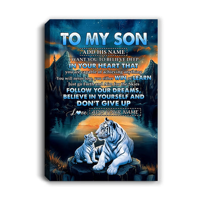 Personalized To My Son Gifts From Mom Dad Mother Father Canvas Don't Give Up White Tiger Gifts For Son Birthday Graduation Christmas Custom Wall Art Framed Canvas | teecentury