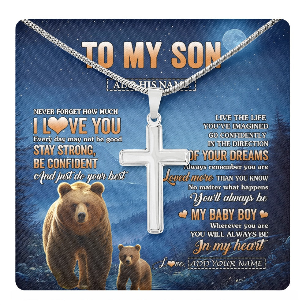Stainless Cross Necklace Stainless Steel | 1 | Personalized To My Son Gifts From Mom Dad Mother Father Necklace Bear Never Forget How Much I Love You Son Birthday Gifts Christmas Gift Box Message Card | teecentury.myshopify