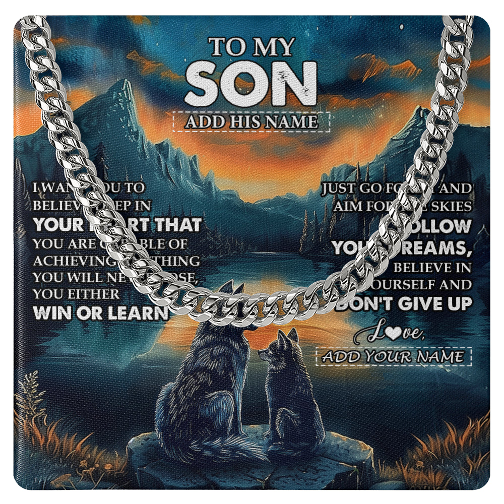 Cuban Link Chain Necklace Stainless Steel | 1 | Personalized To My Son Gifts From Mom Dad Mother Father Necklace Don't Give Up Wolf Gifts For Son Birthday Graduation Christmas Custom Gift Box Message Card | teecentury