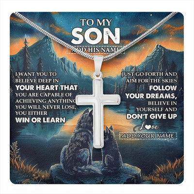 Stainless Cross Necklace Stainless Steel | 1 | Personalized To My Son Gifts From Mom Dad Mother Father Necklace Don't Give Up Wolf Gifts For Son Birthday Graduation Christmas Custom Gift Box Message Card | teecentury