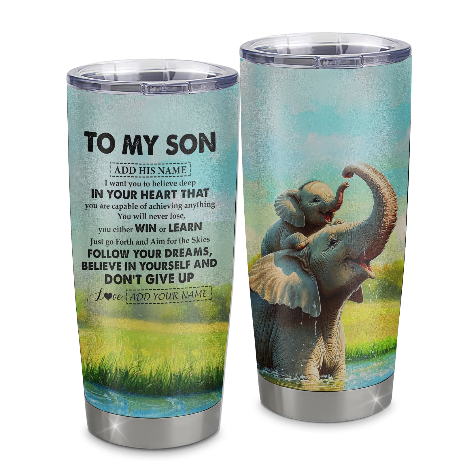 Personalized To My Son Gifts From Mom Dad Mother Father Tumbler Don't Give Up Elephant Gifts For Son Birthday Graduation Christmas Custom Stainless Steel Travel Mug | teecentury