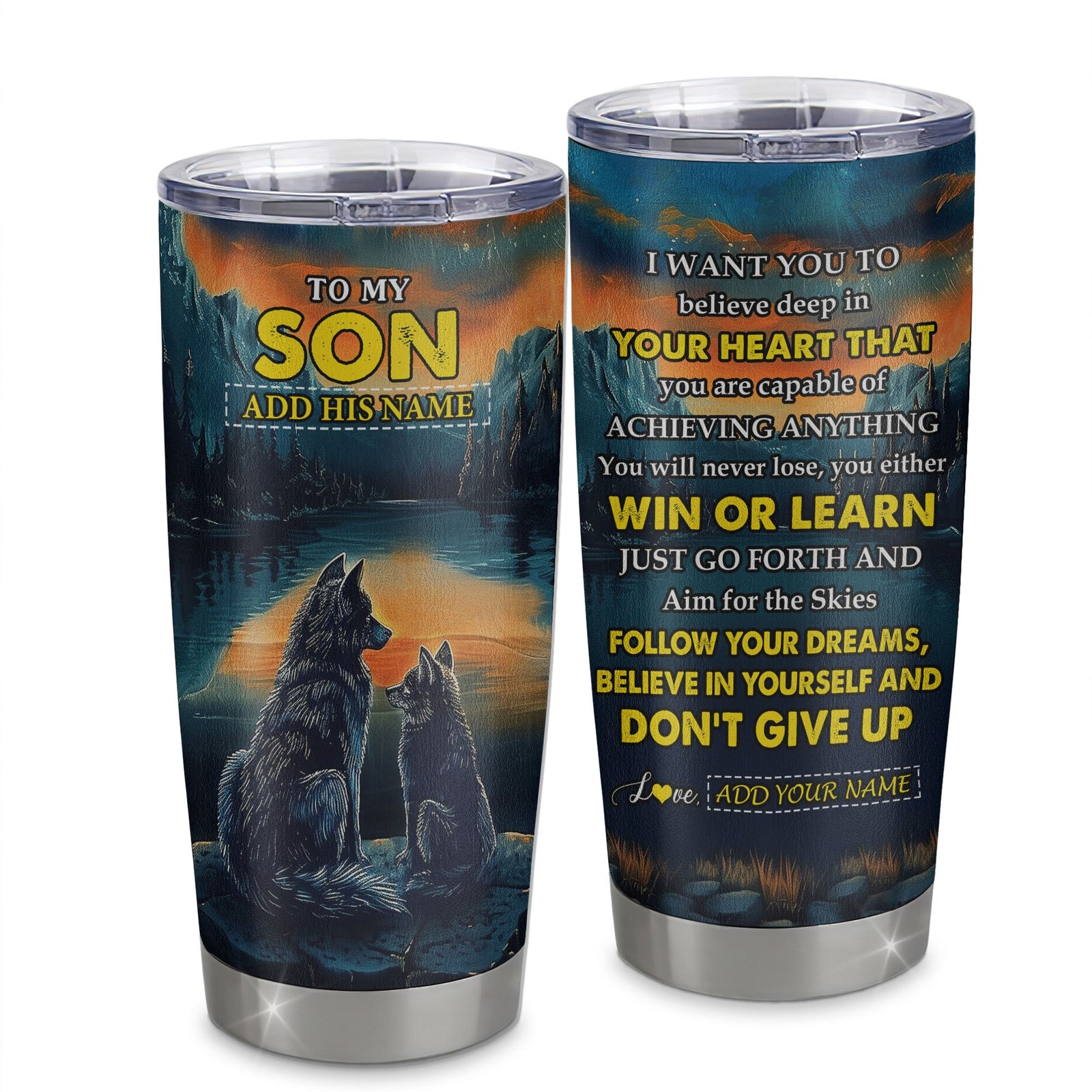 Personalized To My Son Gifts From Mom Dad Mother Father Tumbler Don't Give Up Wolf Gifts For Son Birthday Graduation Christmas Custom Stainless Steel Cup Travel Mug | teecentury