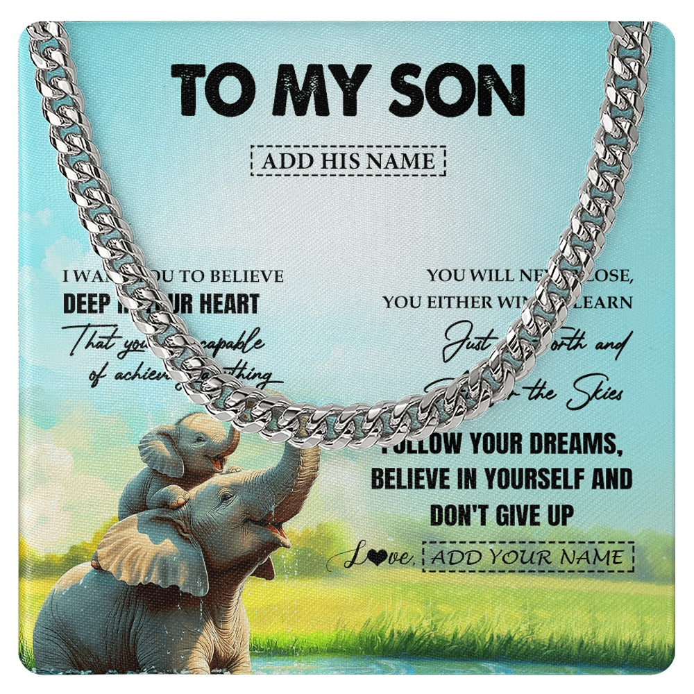 Cuban Link Chain Necklace Stainless Steel | 1 | Personalized To My Son Gifts From Mom Dad Mother Necklace Don't Give Up Elephant Gifts For Son Birthday Graduation Christmas Custom Gift Box Message Card | https://teecentury.