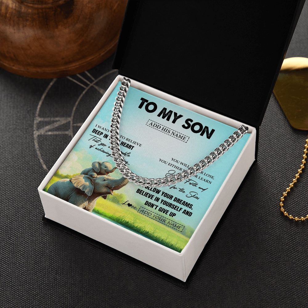 Cuban Link Chain Necklace Stainless Steel | 2 | Personalized To My Son Gifts From Mom Dad Mother Necklace Don't Give Up Elephant Gifts For Son Birthday Graduation Christmas Custom Gift Box Message Card | https://teecentury.