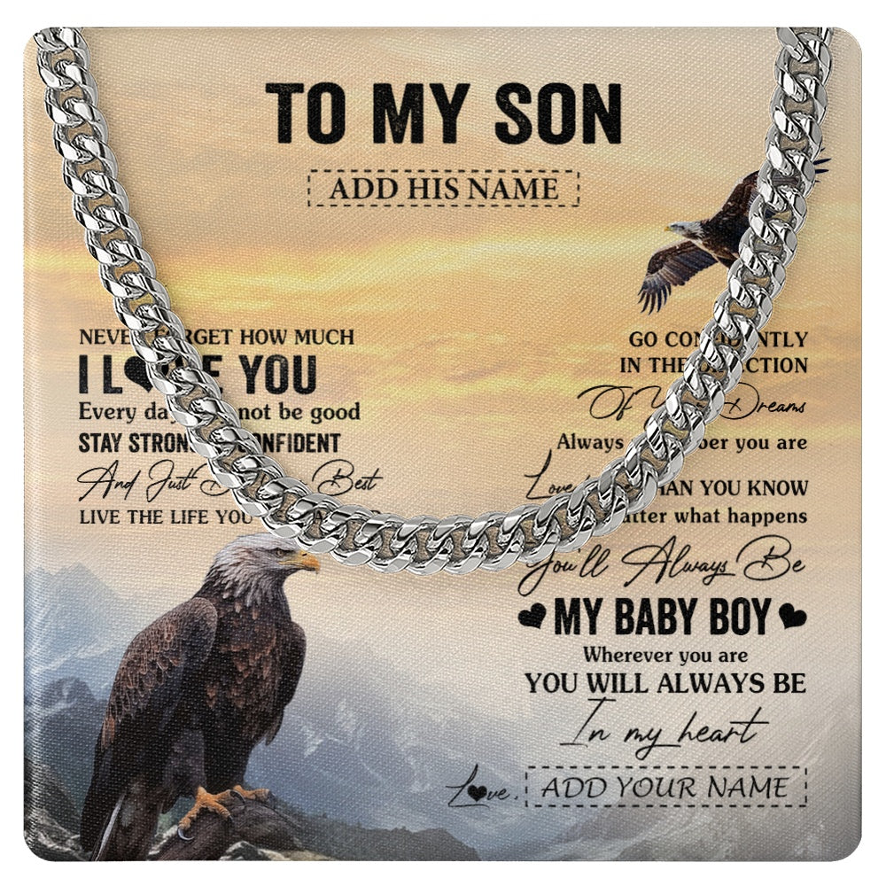 Cuban Link Chain Necklace Stainless Steel | 1 | Personalized To My Son Gifts From Mom Dad Mother Necklace Eagle Never Forget How Much I Love You Son Birthday Graduation Christmas Gift Box Message Card | teecentury.myshopify