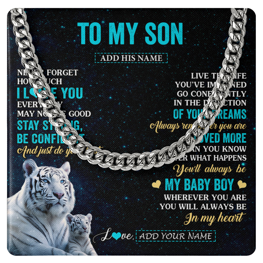 Cuban Link Chain Necklace Stainless Steel | 1 | Personalized To My Son Gifts From Mom Dad Necklace White Tiger Never Forget How Much I Love You Son Birthday Graduation Christmas Gift Box Message Card | teecentury