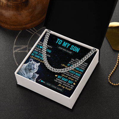 Cuban Link Chain Necklace Stainless Steel | 2 | Personalized To My Son Gifts From Mom Dad Necklace White Tiger Never Forget How Much I Love You Son Birthday Graduation Christmas Gift Box Message Card | teecentury