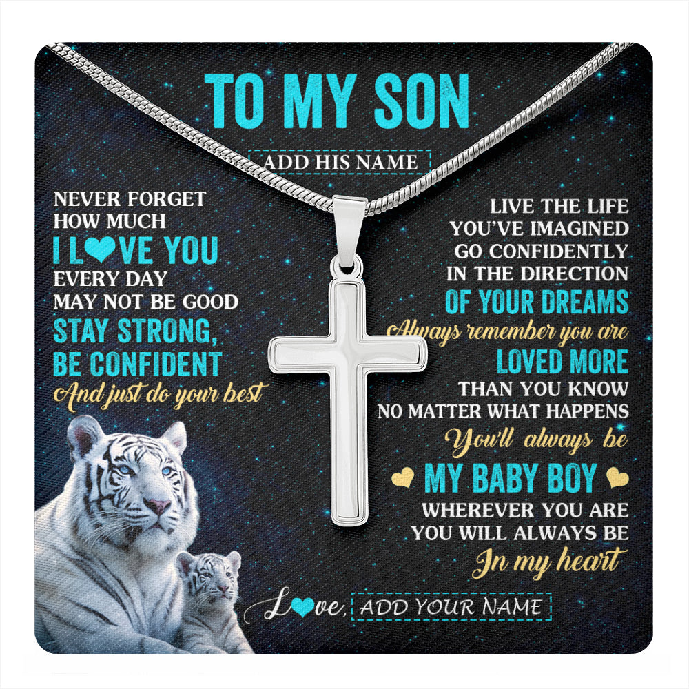 Stainless Cross Necklace Stainless Steel | 1 | Personalized To My Son Gifts From Mom Dad Necklace White Tiger Never Forget How Much I Love You Son Birthday Graduation Christmas Gift Box Message Card | teecentury