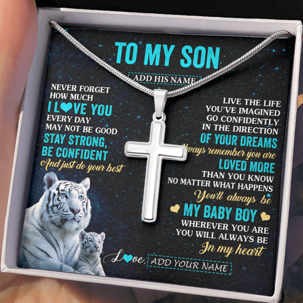 Stainless Cross Necklace Stainless Steel | 2 | Personalized To My Son Gifts From Mom Dad Necklace White Tiger Never Forget How Much I Love You Son Birthday Graduation Christmas Gift Box Message Card | teecentury