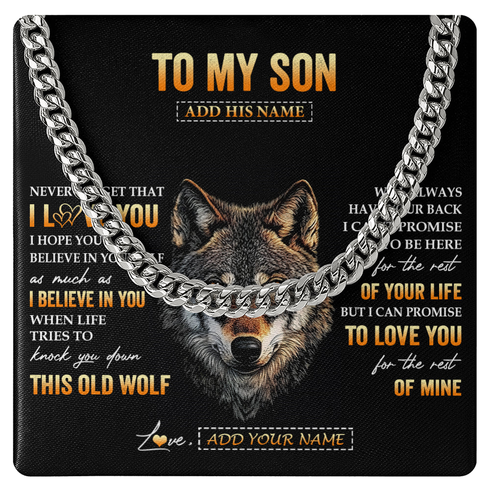 Cuban Link Chain Necklace Stainless Steel | 1 | Personalized To My Son Gifts From Mom Mother Dad Father Necklace Old Wolf Love You Son Birthday Gifts Graduation Christmas Customized Gift Box Message Card | teecentury