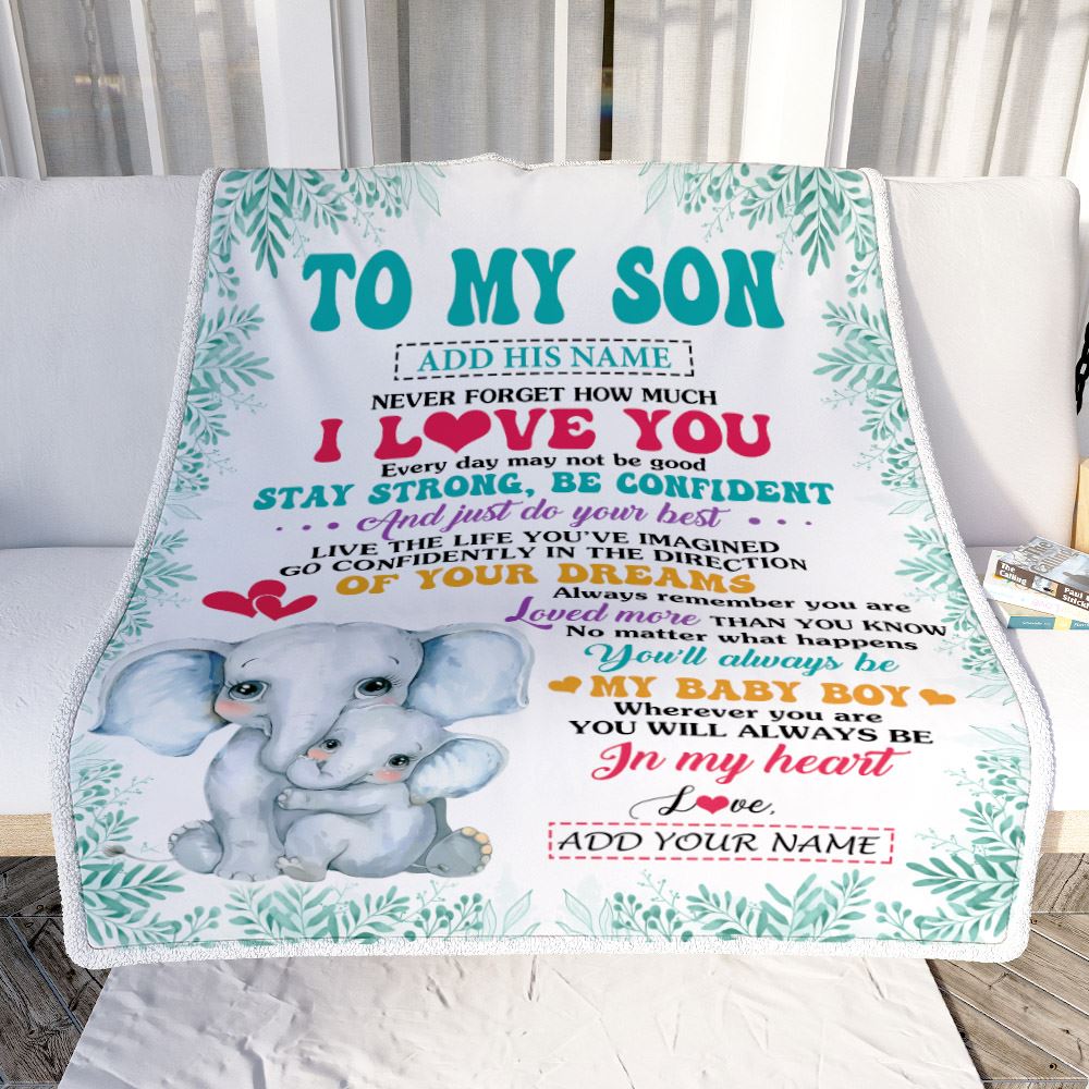 Personalized To My Son Gifts From Mom Mother Father Blanket Elephant Never Forget How Much I Love You Son Birthday Gifts Graduation Christmas Fleece Blanket | teecentury