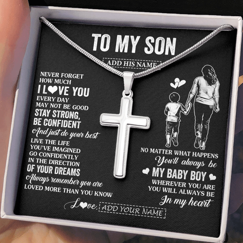 Stainless Cross Necklace Stainless Steel | 2 | Personalized To My Son Gifts From Mom Mother Necklace Never Forget How Much I Love You Son Birthday Graduation Christmas Custom Gift Box Message Card | https://teecentury.