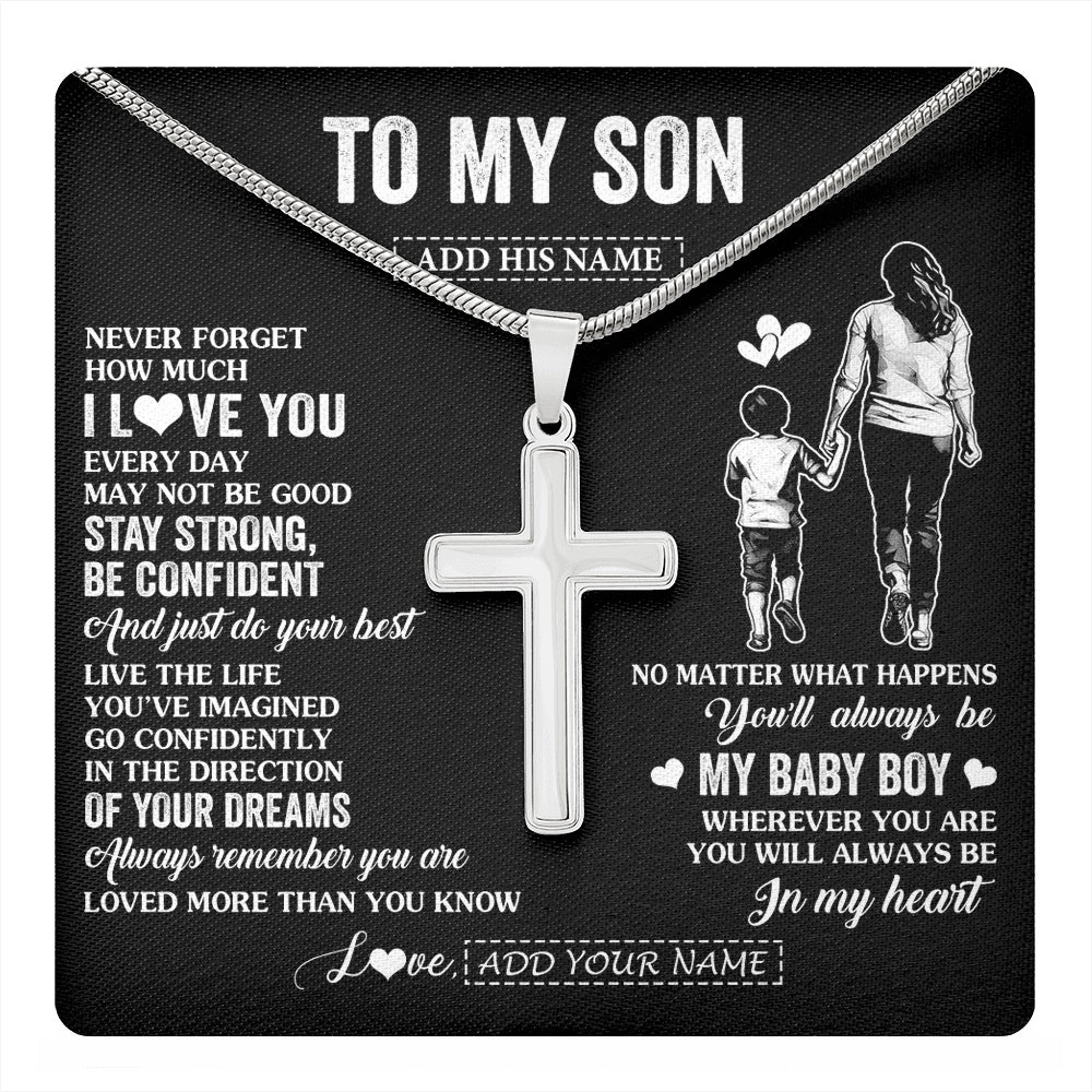 Stainless Cross Necklace Stainless Steel | 1 | Personalized To My Son Gifts From Mom Mother Necklace Never Forget How Much I Love You Son Birthday Graduation Christmas Custom Gift Box Message Card | https://teecentury.