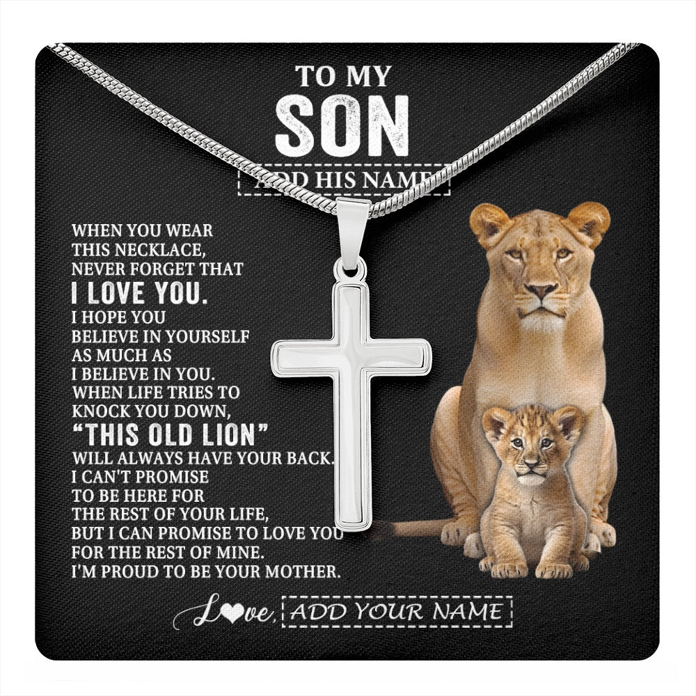 Stainless Cross Necklace Stainless Steel | 1 | Personalized To My Son Gifts From Mom Mother Necklace This Old Lion Love You Son Birthday Gifts Graduation Christmas Customized Gift Box Message Card | https://teecentury.