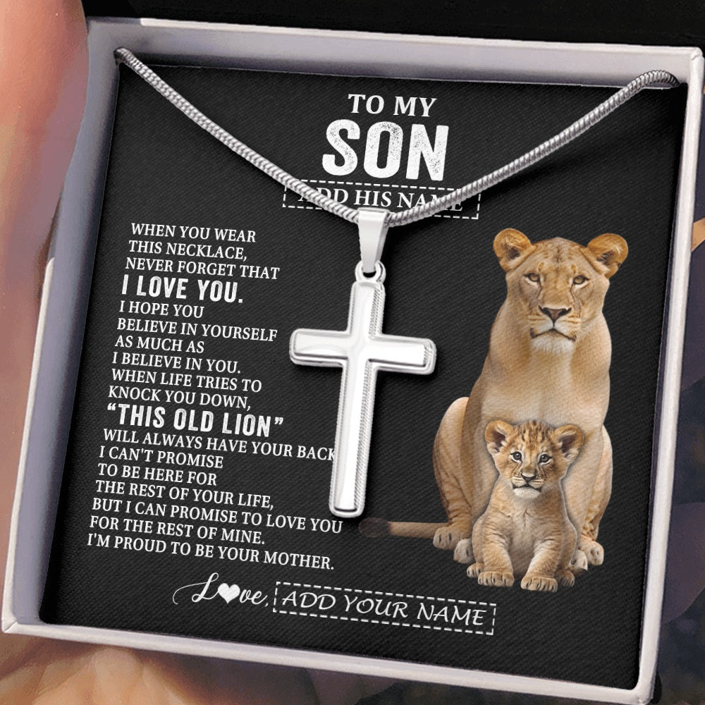 Stainless Cross Necklace Stainless Steel | 2 | Personalized To My Son Gifts From Mom Mother Necklace This Old Lion Love You Son Birthday Gifts Graduation Christmas Customized Gift Box Message Card | https://teecentury.