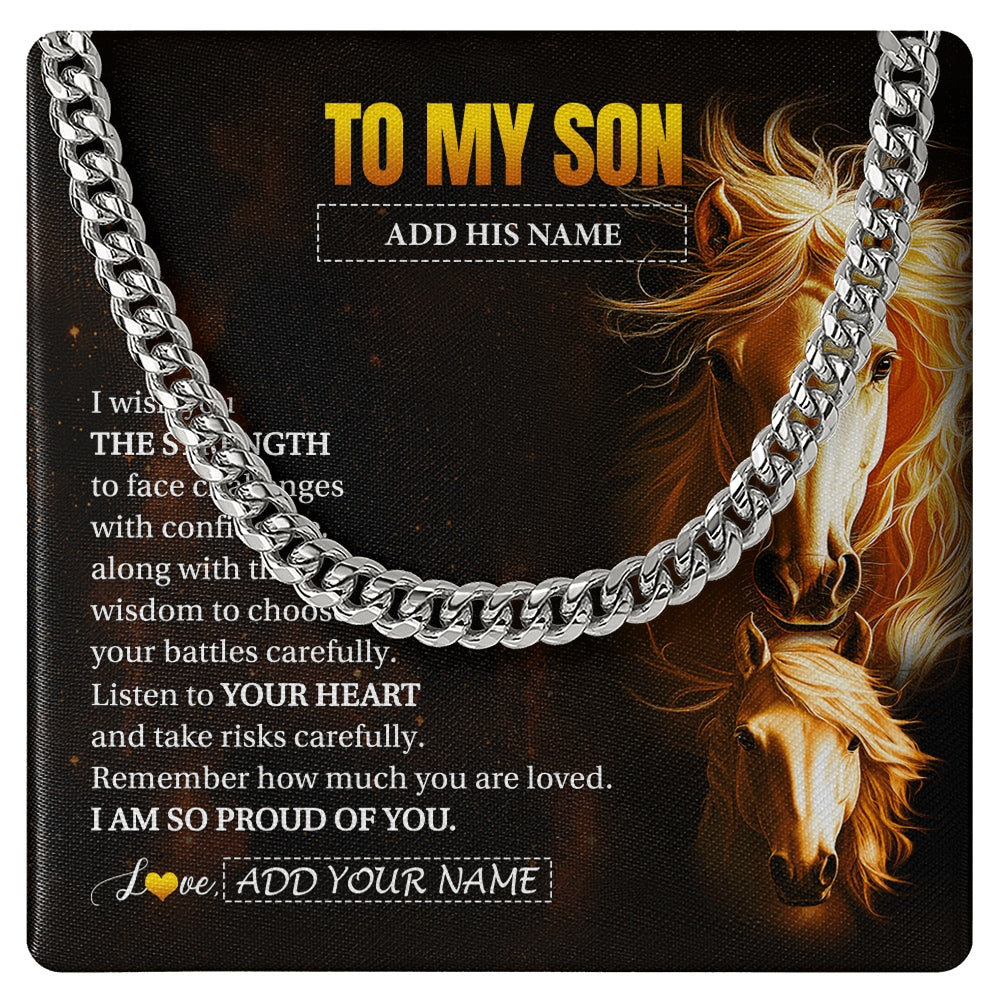 Cuban Link Chain Necklace Stainless Steel | 1 | Personalized To My Son Gifts Necklace From Mom Dad Father I Wish You The Strength Horse Son Birthday Gifts Christmas Graduation Custom Gift Box Message Card | https://teecentury.