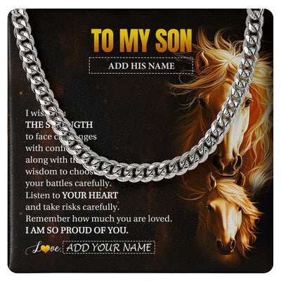 Cuban Link Chain Necklace Stainless Steel | 1 | Personalized To My Son Gifts Necklace From Mom Dad Father I Wish You The Strength Horse Son Birthday Gifts Christmas Graduation Custom Gift Box Message Card | https://teecentury.