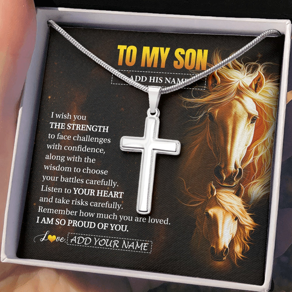 Stainless Cross Necklace Stainless Steel | 2 | Personalized To My Son Gifts Necklace From Mom Dad Father I Wish You The Strength Horse Son Birthday Gifts Christmas Graduation Custom Gift Box Message Card | https://teecentury.