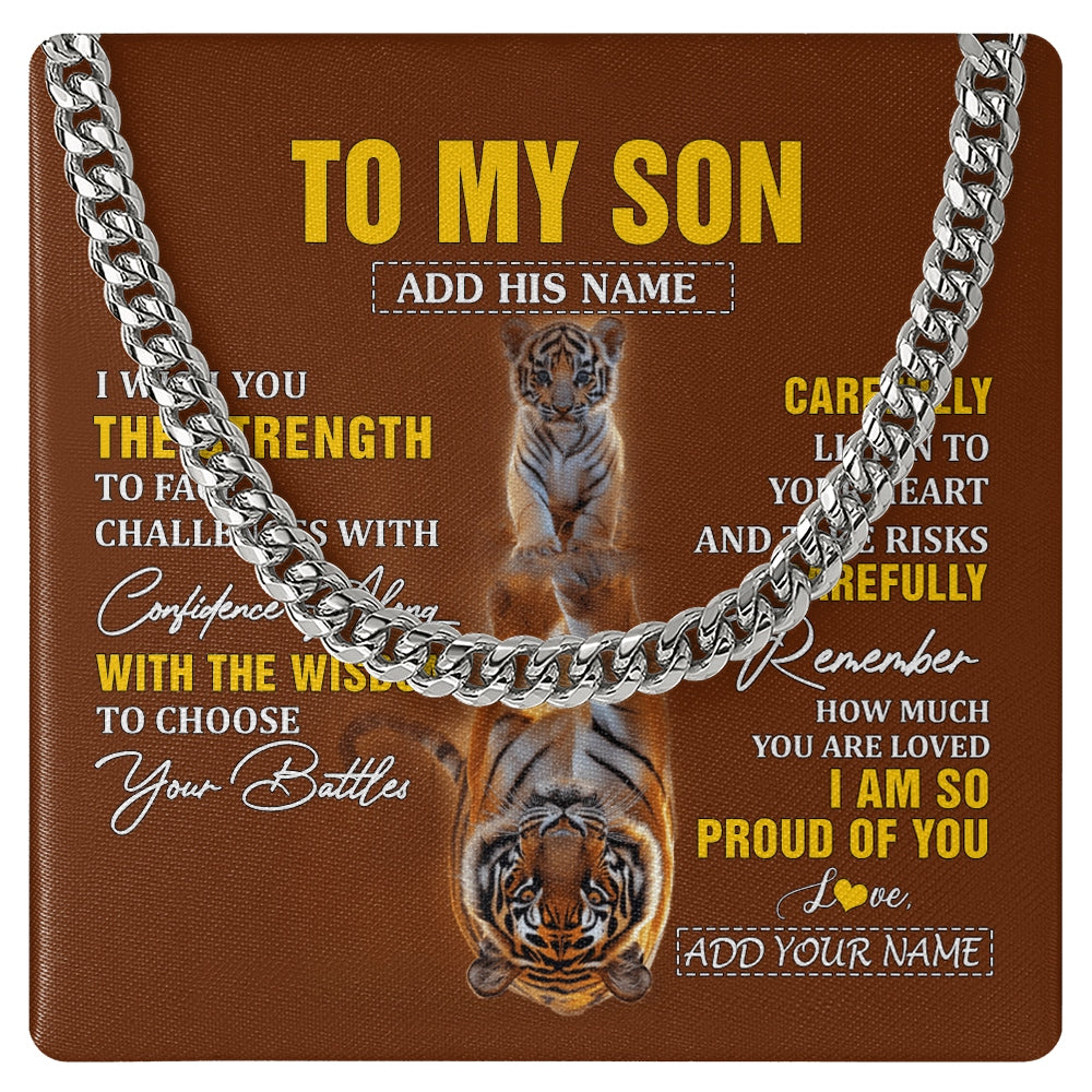 Cuban Link Chain Necklace Stainless Steel | 1 | Personalized To My Son Gifts Necklace From Mom Dad Father I Wish You The Strength Tiger Son Birthday Gifts Christmas Graduation Custom Gift Box Message Card | https://teecentury.