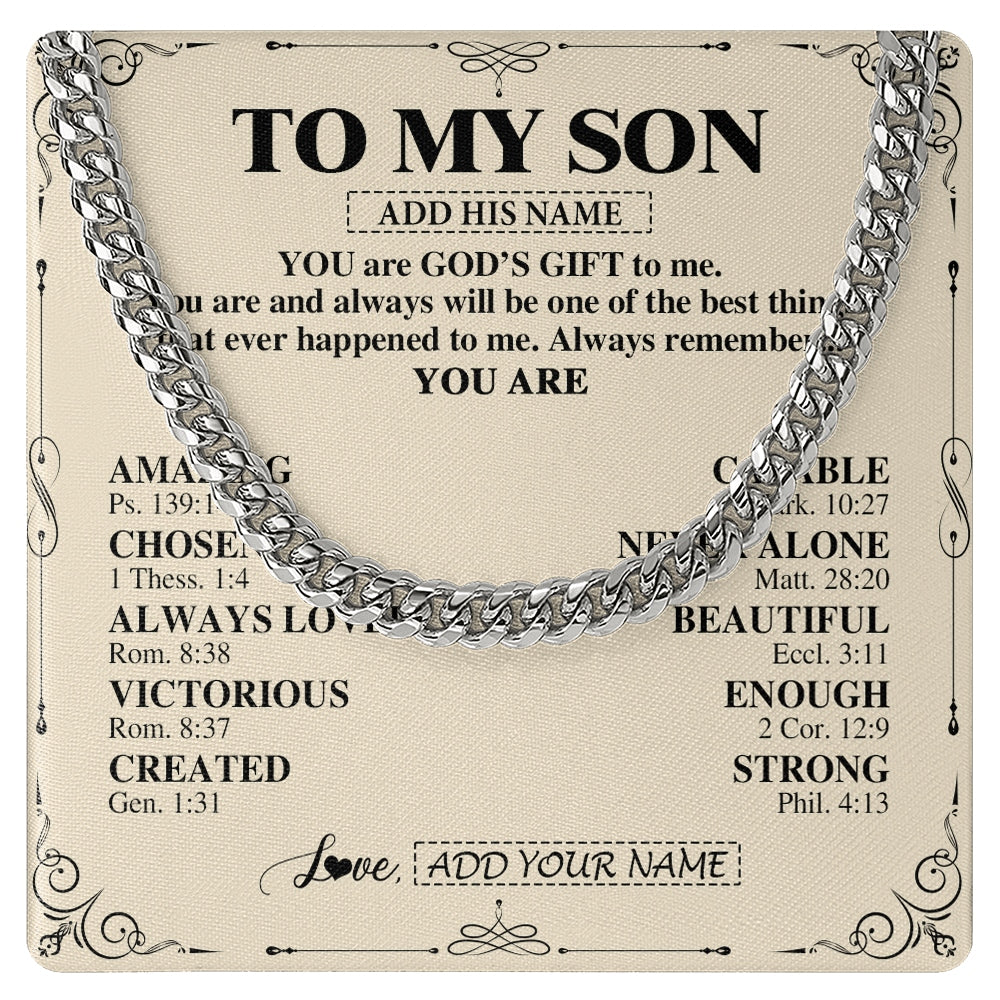 Cuban Link Chain Necklace Stainless Steel | 1 | Personalized To My Son Gifts Necklace From Mom Dad Father Mother You Are God's Gift To Me Son Birthday Gifts Christmas Christian Custom Gift Box Message Card | https://teecentury.