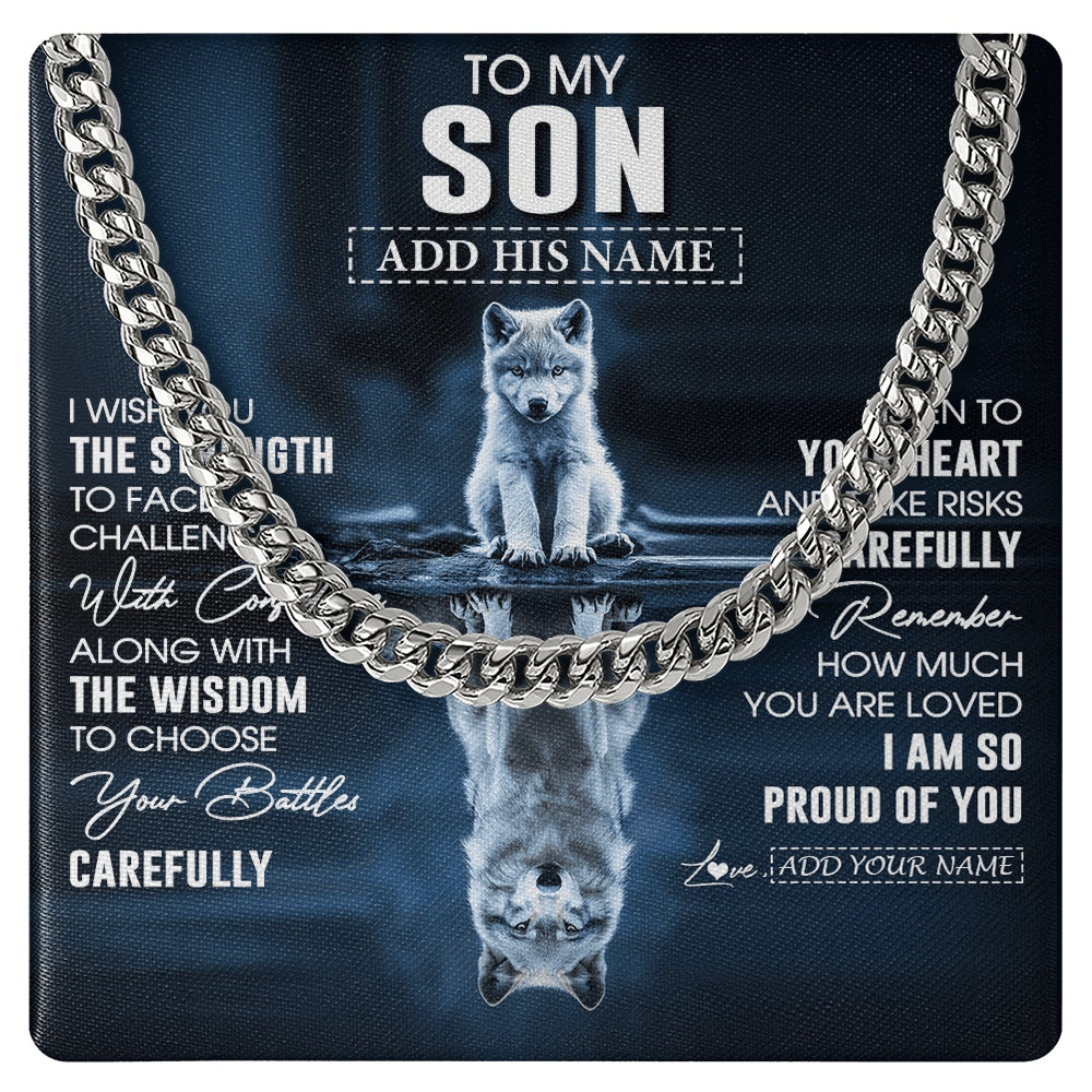 Cuban Link Chain Necklace Stainless Steel | 1 | Personalized To My Son Gifts Necklace From Mom Dad Mother Father I Wish You The Strength Wolf Son Birthday Gifts Christmas Graduation Gift Box Message Card | https://teecentury.