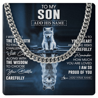 Cuban Link Chain Necklace Stainless Steel | 1 | Personalized To My Son Gifts Necklace From Mom Dad Mother Father I Wish You The Strength Wolf Son Birthday Gifts Christmas Graduation Gift Box Message Card | https://teecentury.