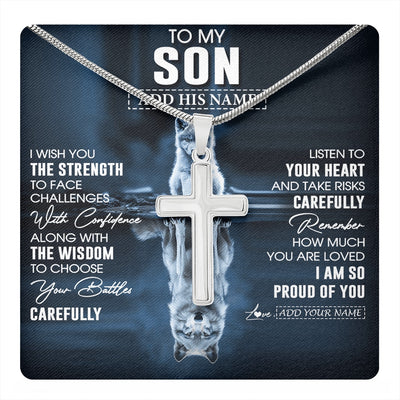 Stainless Cross Necklace Stainless Steel | 1 | Personalized To My Son Gifts Necklace From Mom Dad Mother Father I Wish You The Strength Wolf Son Birthday Gifts Christmas Graduation Gift Box Message Card | https://teecentury.