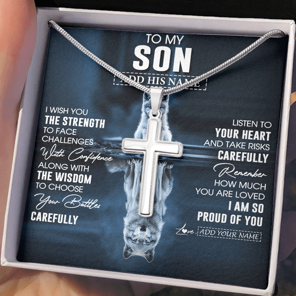 Stainless Cross Necklace Stainless Steel | 2 | Personalized To My Son Gifts Necklace From Mom Dad Mother Father I Wish You The Strength Wolf Son Birthday Gifts Christmas Graduation Gift Box Message Card | https://teecentury.