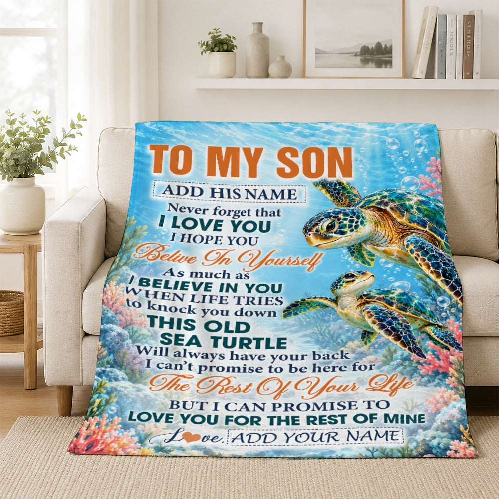 Personalized To My Son Gifts Sea Turtle From Mom Dad Blanket Never Forget I Love You Son Birthday Gift Graduation Christmas Custom Fleece Throw Blanket | teecentury