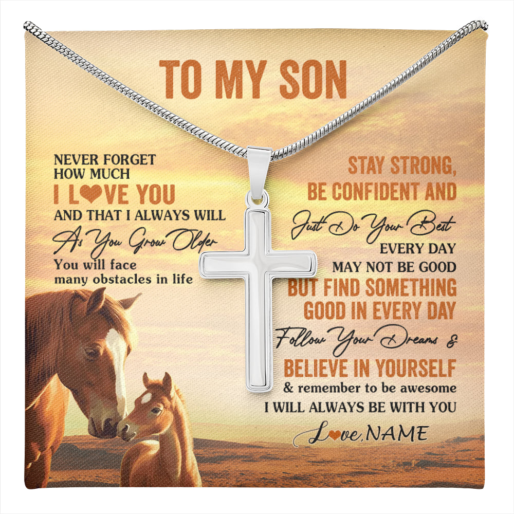 Stainless Cross Necklace Stainless Steel | 1 | Personalized To My Son I Love You Forever Necklace From Mom Dad Mother Father Horse Son Birthday Gifts Graduation Christmas Customized Gift Box Message Card | teecentury