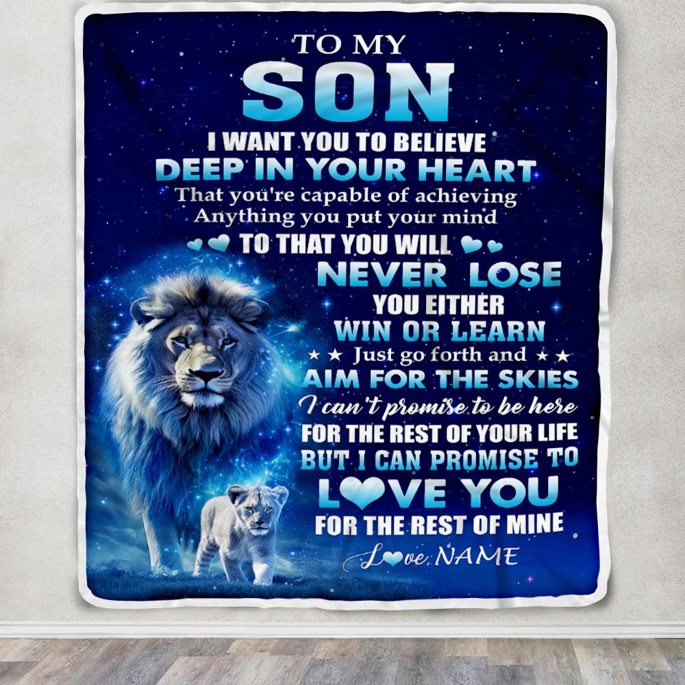 Personalized To My Son Lion From Dad Father Blanket Believe Your Heart Son Gift Birthday Graduation Christmas Custom Customized Fleece Throw Blanket | teecentury