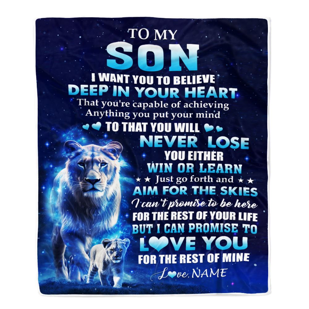Personalized To My Son Lion From Mom Mother Blanket Believe Your Heart Son Gift Birthday Graduation Christmas Custom Customized Fleece Throw Blanket | teecentury