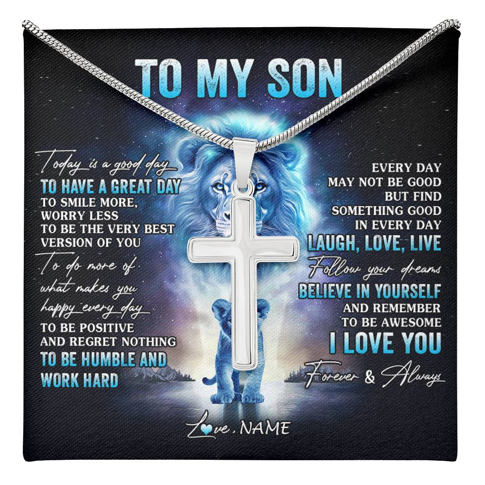 Stainless Cross Necklace Stainless Steel | 1 | Personalized To My Son Lion Necklace From Dad Father Every Day Laugh Love Live Son Birthday Graduation Christmas Jewelry Customized Gift Box Message Card | teecentury
