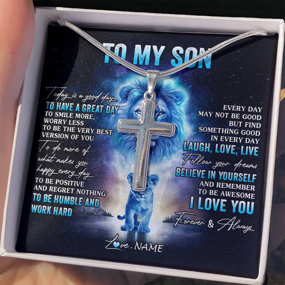 Stainless Cross Necklace Stainless Steel | 2 | Personalized To My Son Lion Necklace From Dad Father Every Day Laugh Love Live Son Birthday Graduation Christmas Jewelry Customized Gift Box Message Card | teecentury