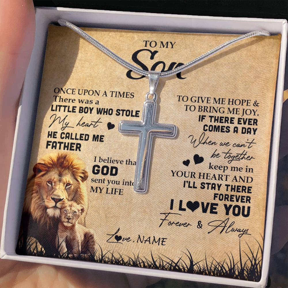 Stainless Cross Necklace | Personalized To My Son Lion Necklace From Dad Father I'll Stay There Forever Son Birthday Graduation Christmas Customized Gift Box Message Card | teecentury