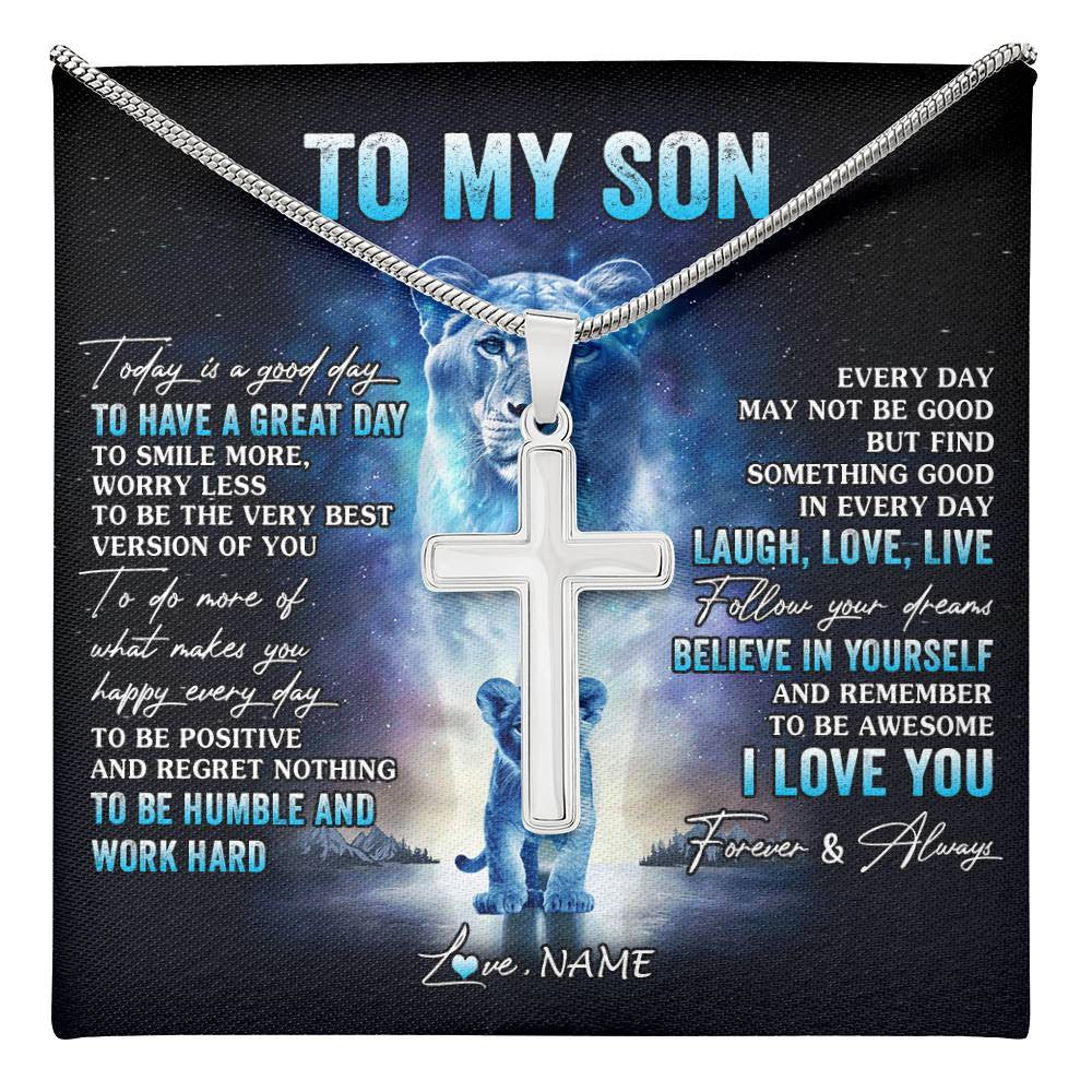 Stainless Cross Necklace Stainless Steel | 1 | Personalized To My Son Lion Necklace From Mom Mother Every Day Laugh Love Live Son Birthday Graduation Christmas Jewelry Customized Gift Box Message Card | teecentury