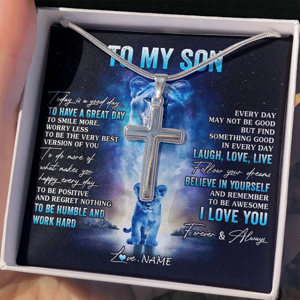 Stainless Cross Necklace Stainless Steel | 2 | Personalized To My Son Lion Necklace From Mom Mother Every Day Laugh Love Live Son Birthday Graduation Christmas Jewelry Customized Gift Box Message Card | teecentury