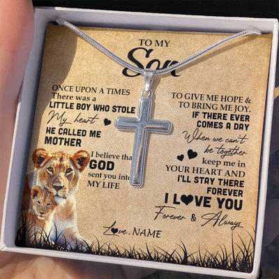 Stainless Cross Necklace | Personalized To My Son Lion Necklace From Mom Mother I'll Stay There Forever Son Birthday Graduation Christmas Customized Gift Box Message Card | teecentury