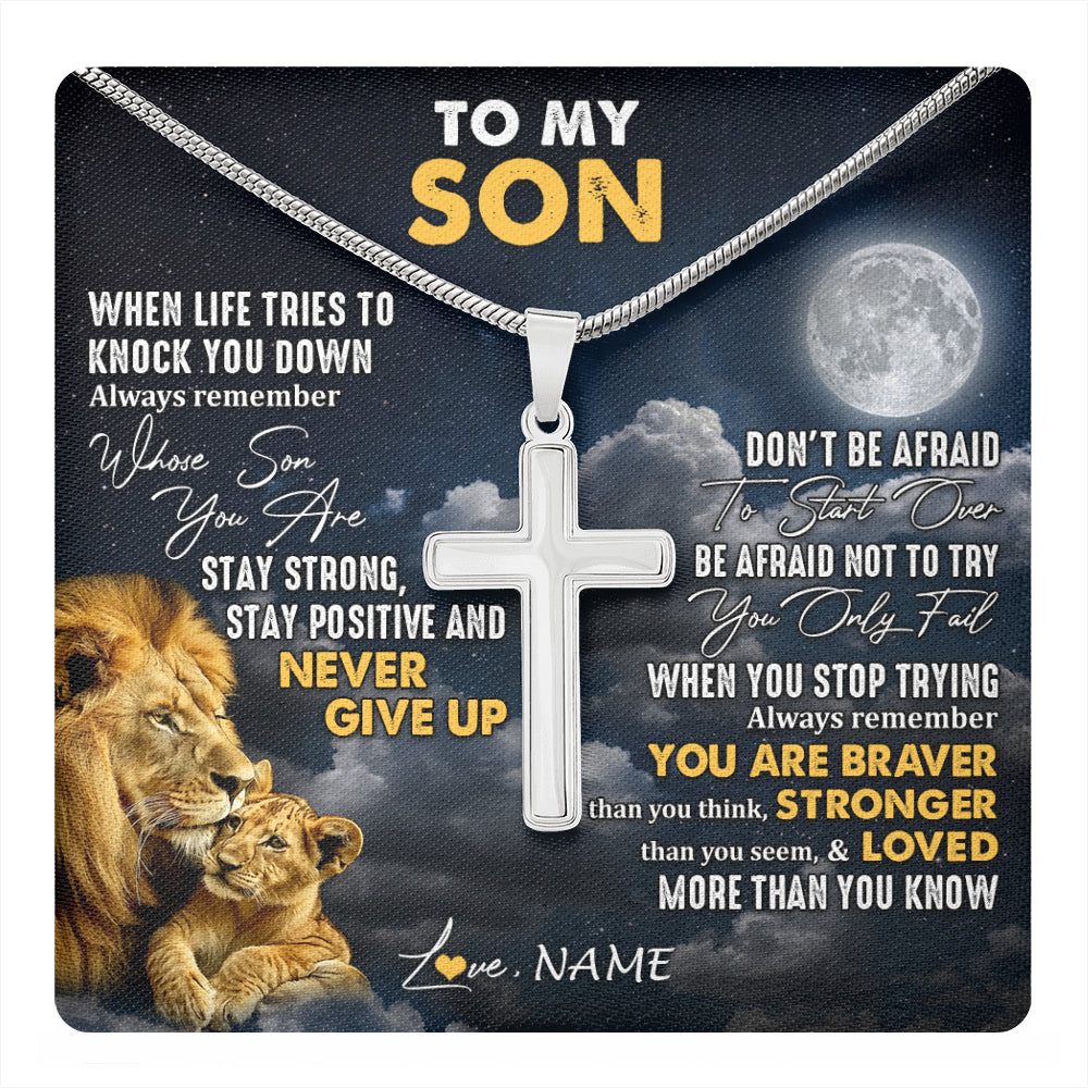 Stainless Cross Necklace Stainless Steel | 1 | Personalized To My Son Necklace From Dad Father Lion Never Give Up Son Birthday Graduation Christmas Jewelry Customized Gift Box Message Card | teecentury