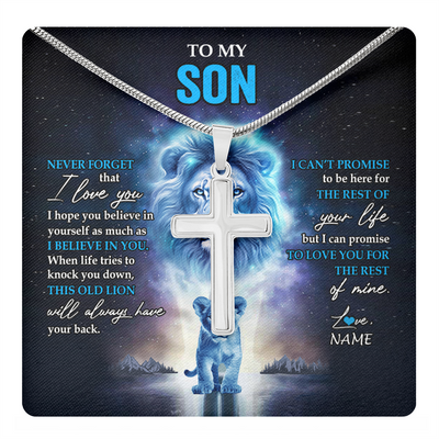 Stainless Cross Necklace Stainless Steel | 1 | Personalized To My Son Necklace From Dad Father Never Forget I Love You Lion Son Jewelry Birthday Graduation Christmas Customized Message Card | teecentury