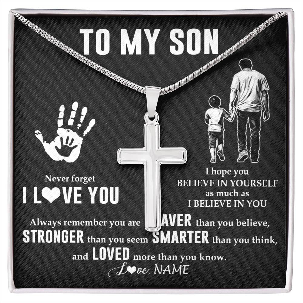 Stainless Cross Necklace Stainless Steel | 1 | Personalized To My Son Necklace From Dad Father Never Forget I Love You Son Birthday Gifts Christmas New Year Graduation Customized Gift Box Message Card | teecentury