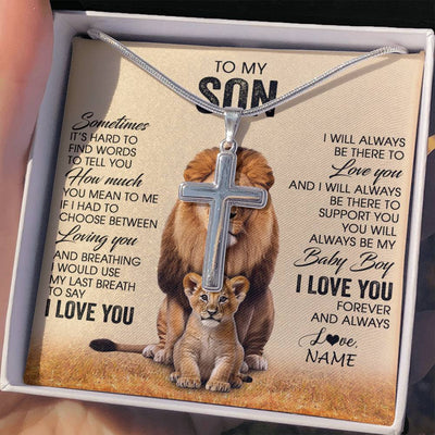 Stainless Cross Necklace Stainless Steel | 2 | Personalized To My Son Necklace From Dad Father Sometimes It's Hard Lion Son Gift Birthday Jewelry Graduation Christmas Customized Gift Box Message Card | teecentury