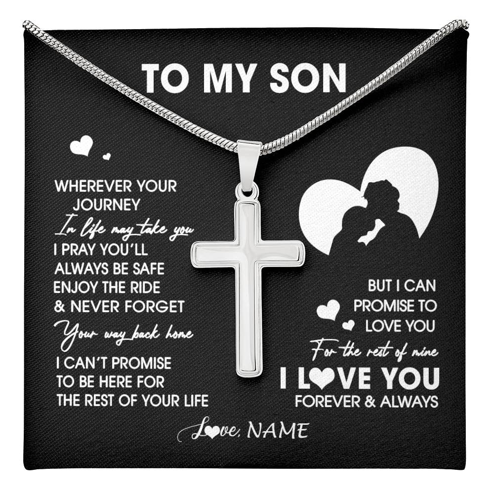 Stainless Cross Necklace Stainless Steel | 1 | Personalized To My Son Necklace From Dad Father Wherever Your Journey Son Birthday Gifts Jewelry Graduation Christmas Customized Gift Box Message Card | teecentury