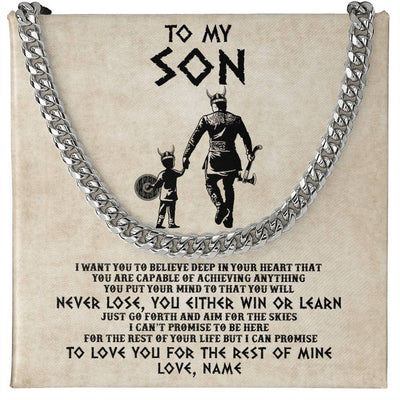 Cuban Link Chain Necklace Stainless Steel | 1 | Personalized To My Son Necklace From Dad Father You Will Never Lose Viking Son Birthday Graduation Valentines Christmas Customized Gift Box Message Card | teecentury